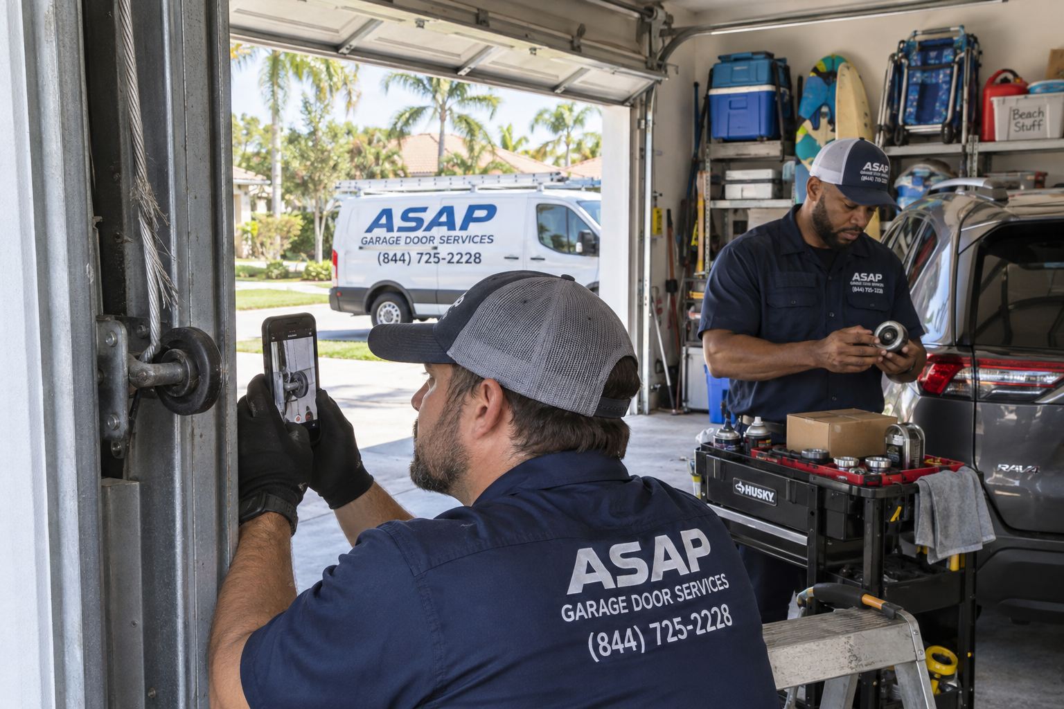ASAP technicians documenting garage door cable and roller wear during Garage Door Repair and Installation