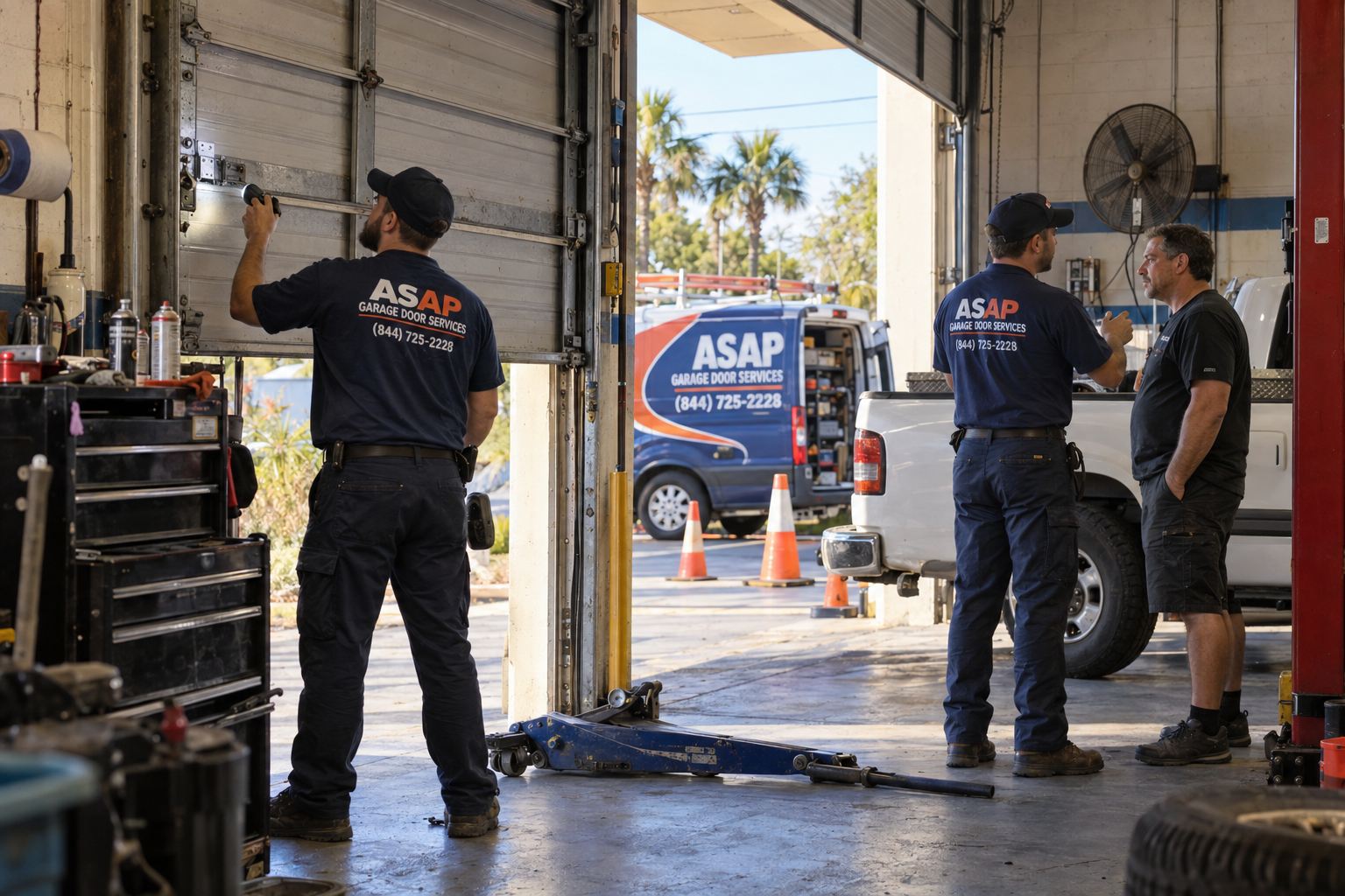 ASAP crew inspecting a commercial garage door at a Florida auto shop for Garage Door Repair in Hialeah, FL