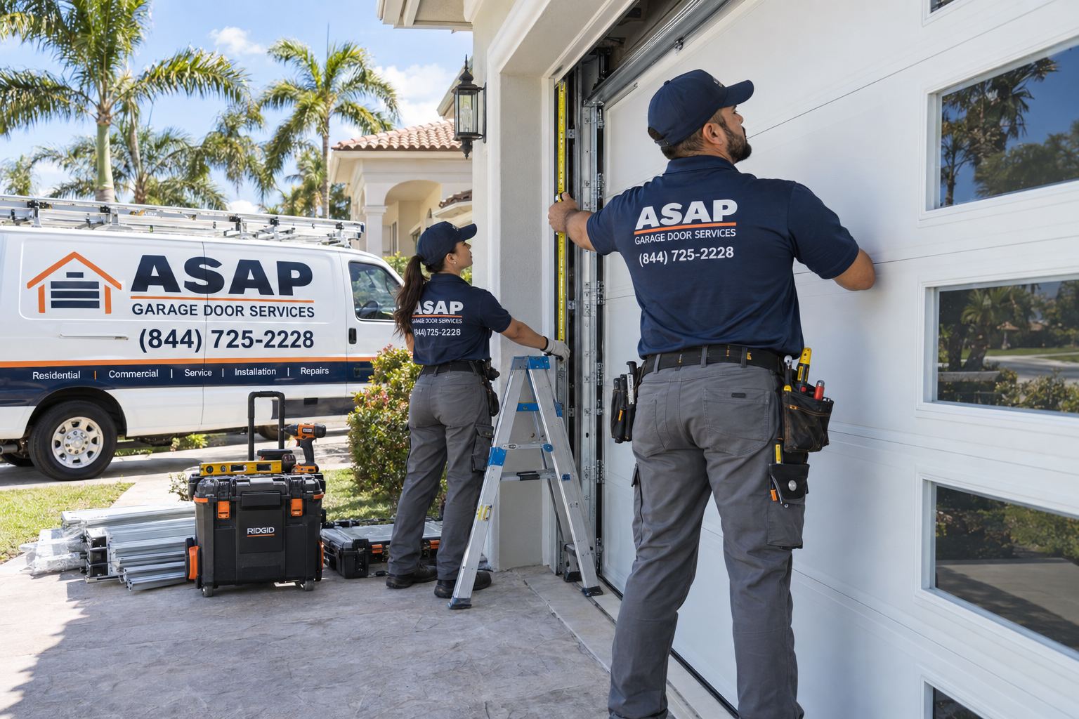 ASAP installation team fitting a garage door at a Florida residence for Garage Door Repair in Seattle, WA