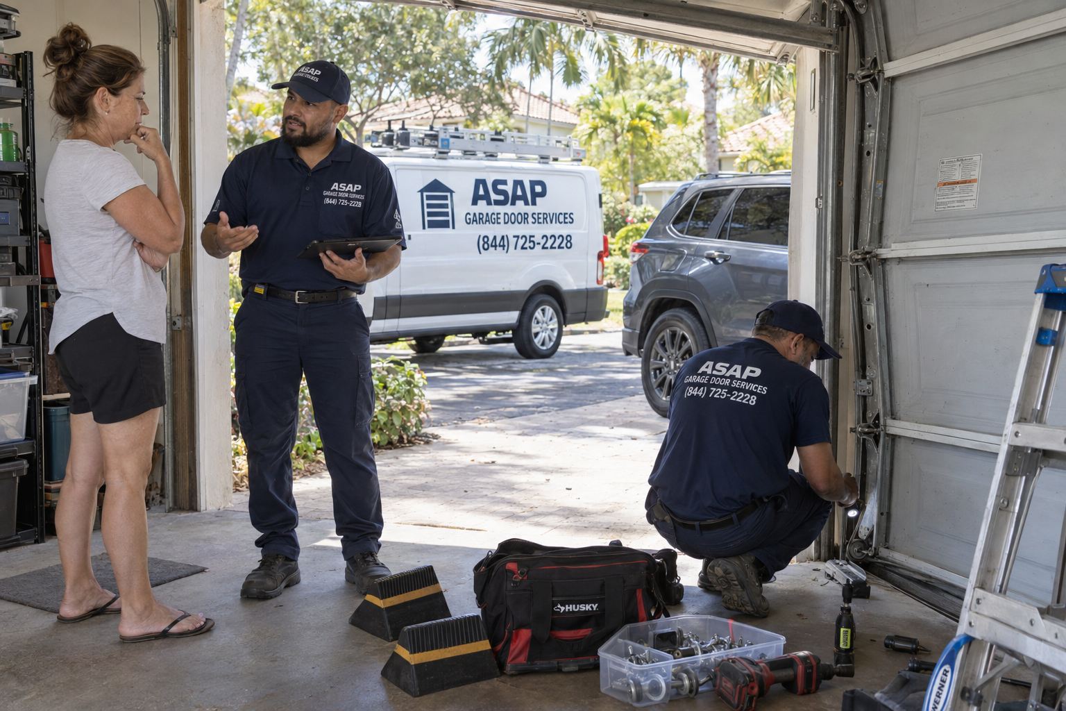 ASAP technicians discussing an off-track garage door with a Florida homeowner during Garage Door Repair in Charlotte, NC