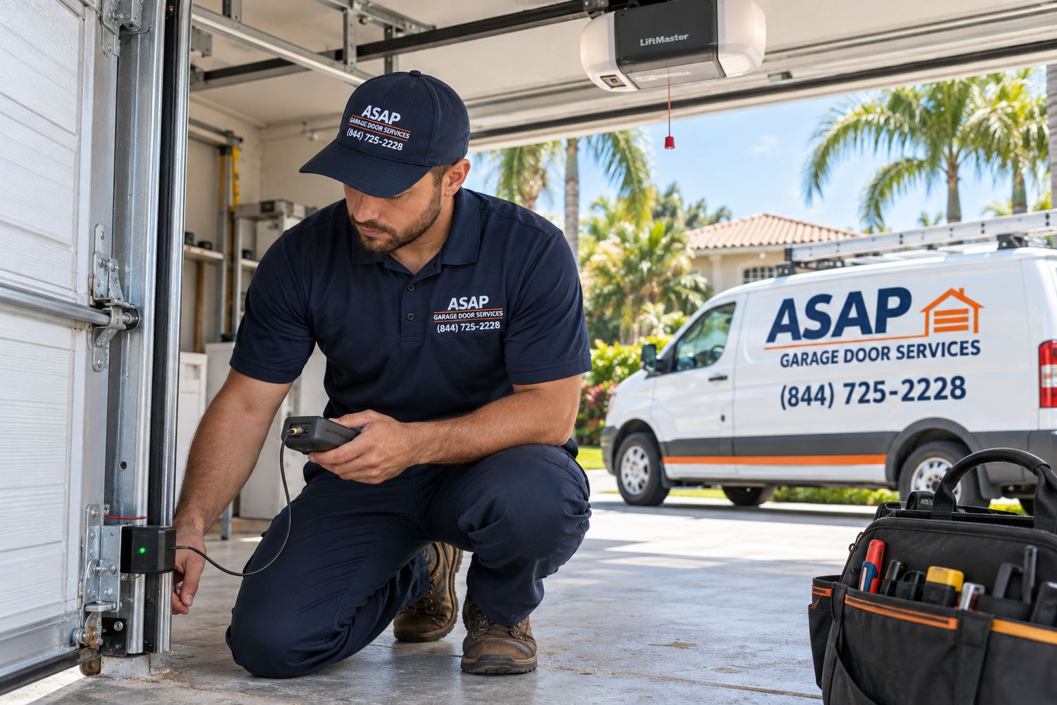 ASAP technician testing a garage door safety sensor beside a branded van for Opener Repair in Boston, MA