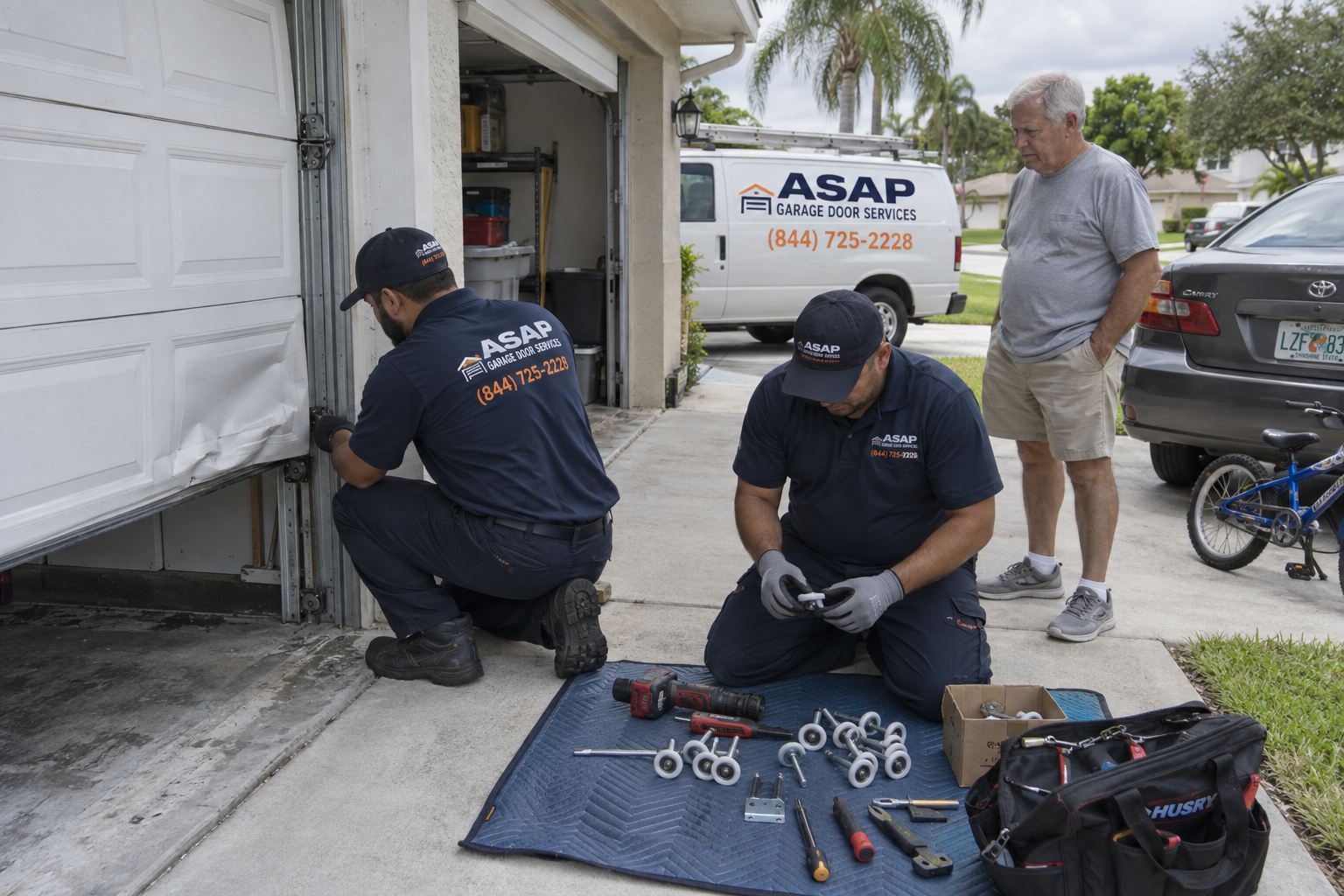 ASAP team servicing garage door panels and rollers beside a family vehicle during Garage Door Repair in Arlington, TX