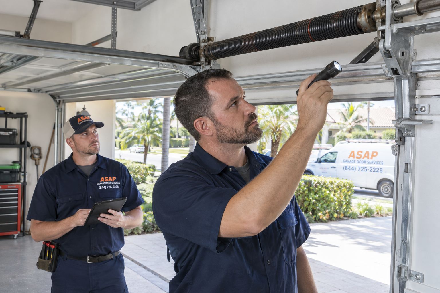 ASAP technicians inspecting garage door springs at a Florida home for Spring Replacement in Albuquerque, NM