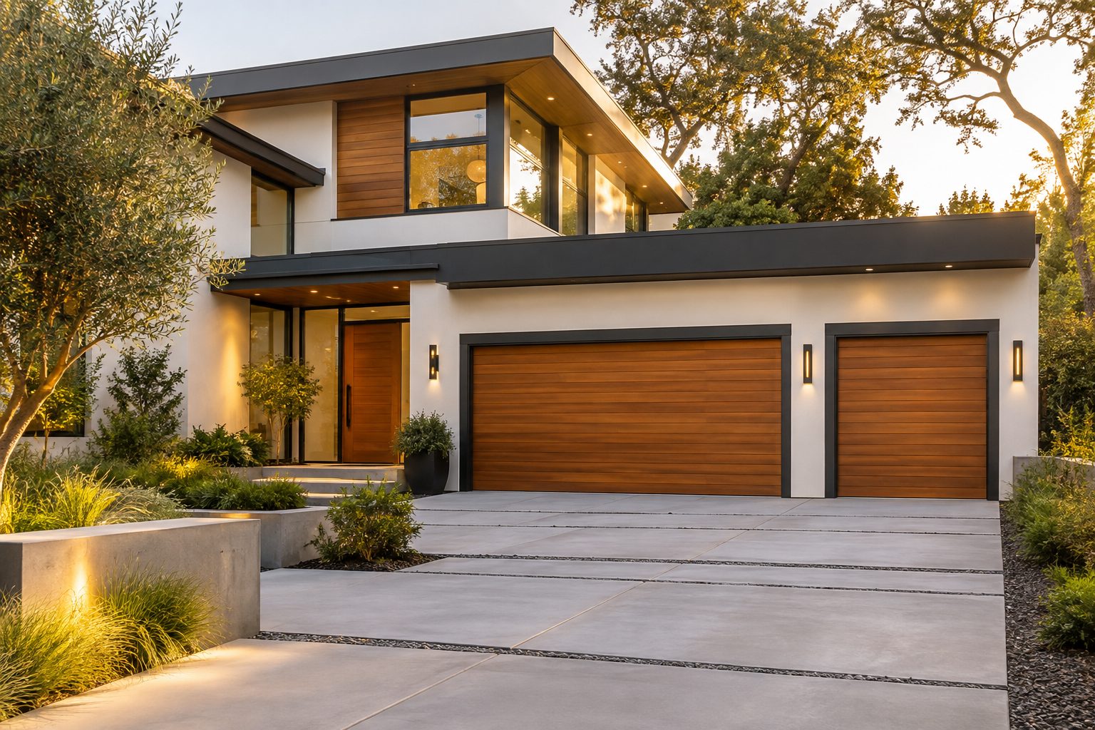 Contemporary home with wood garage doors