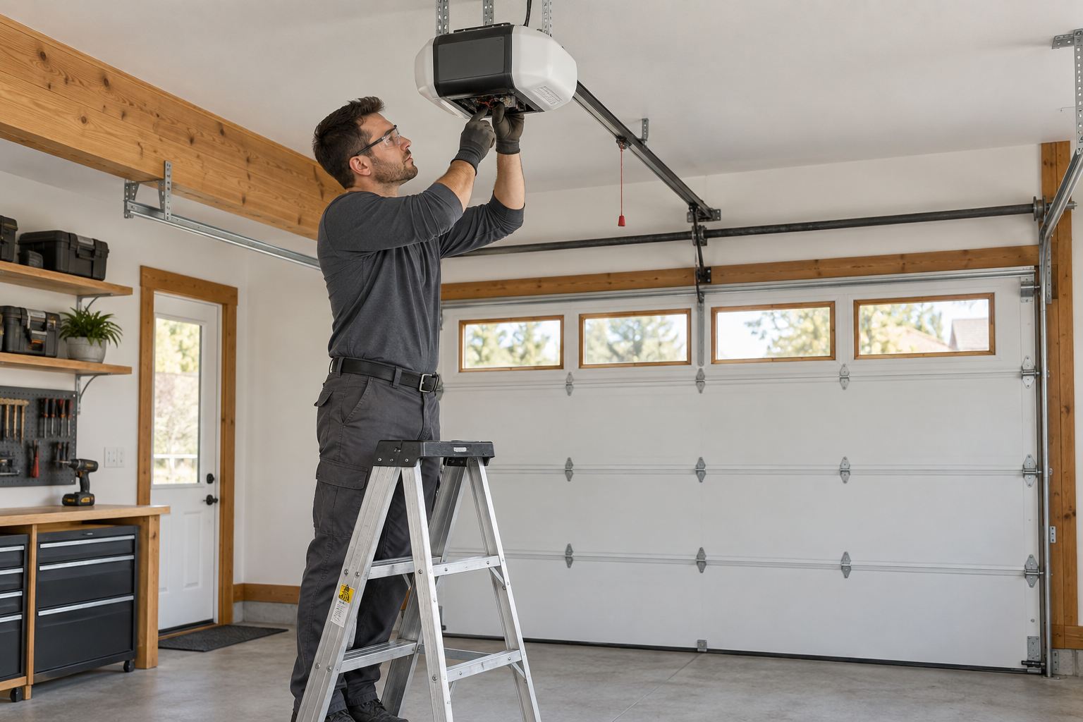 Technician evaluating a ceiling mounted garage door opener for Opener Repair in Bakersfield, CA