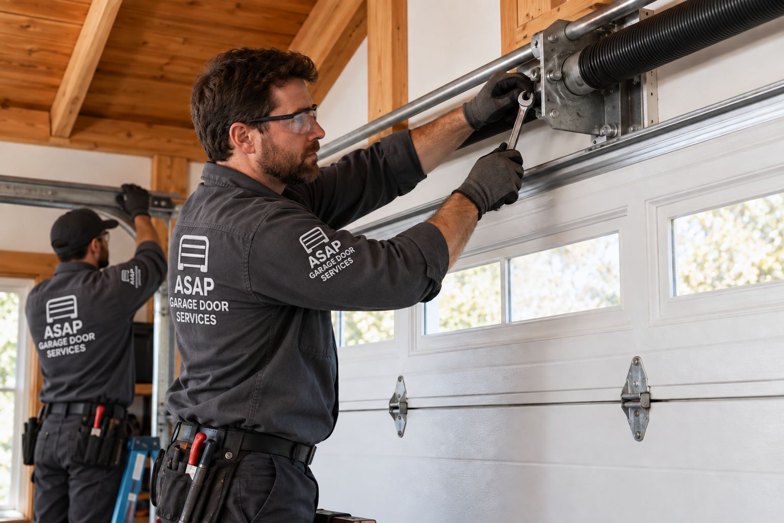 ASAP technicians servicing a torsion spring assembly during Spring Replacement in Anaheim, CA