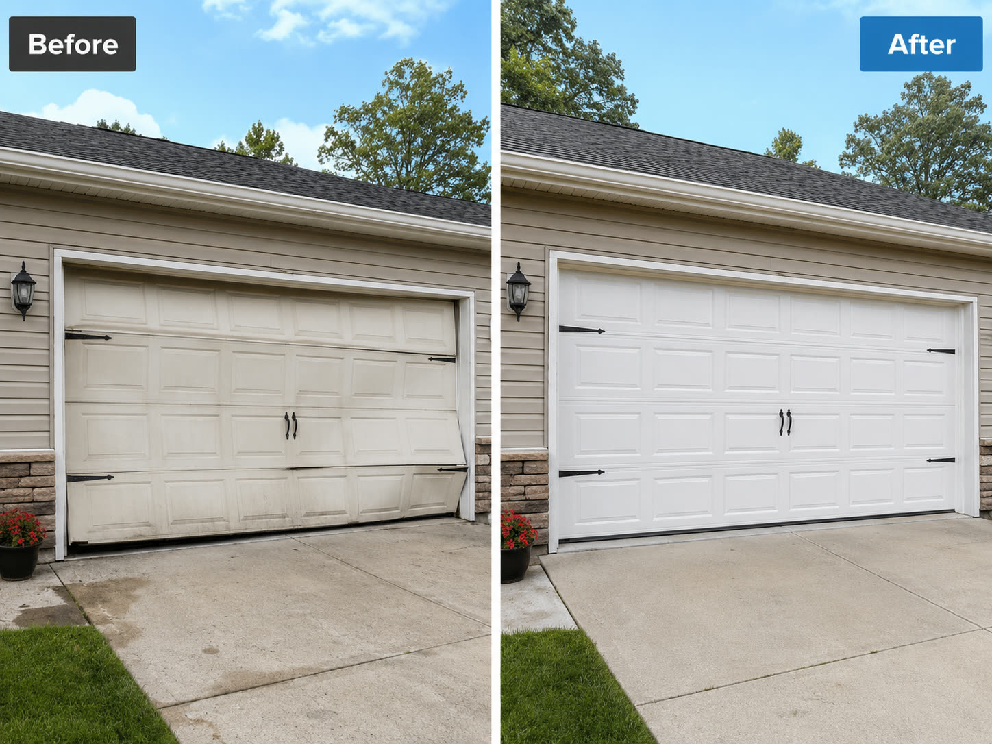 Garage door panel replacement — before and after on a Miami job